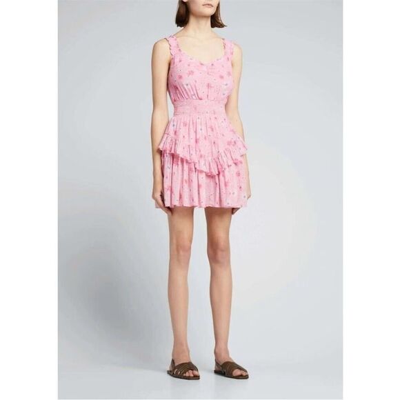 LOVESHACKFANCY | Norelli Smocked Ruffle Floral Pink Mini Dress Women’s Size L - Picture 12 of 12
